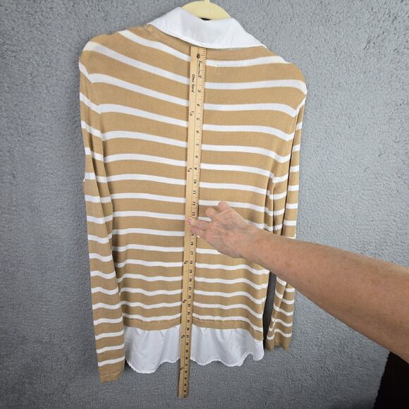 Faded Glory Shirt Sweater Tunic Top L Taupe White Striped Collared Preppy Modern - Picture 9 of 15